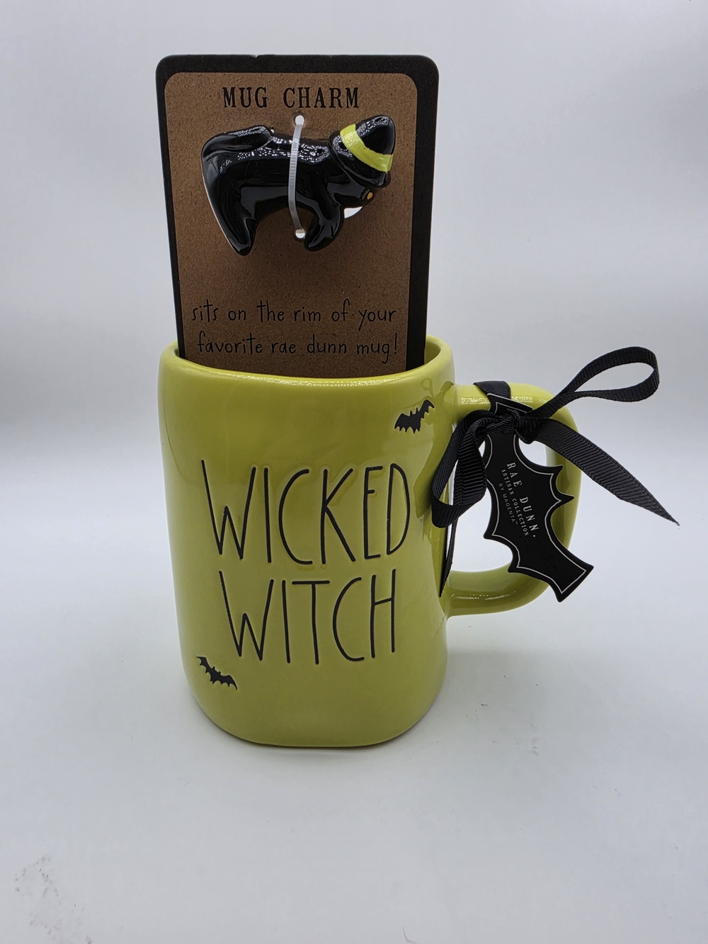 Wicked Witch Lime Green Mug With Black Cat Mug Charm Set
